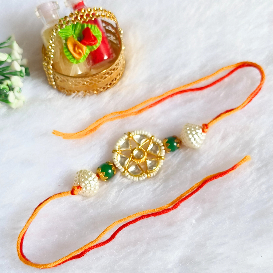 Kundan Pearl & Green Beads Rakhi