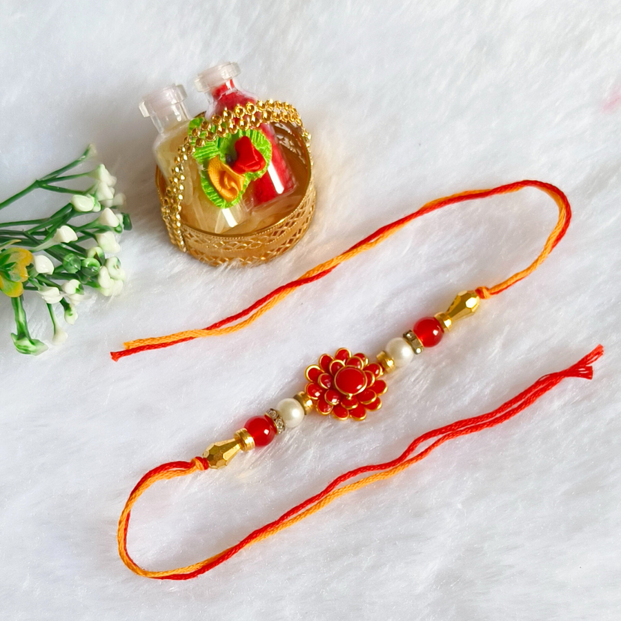 Red Floral kundan Beads & Pearl Rakhi