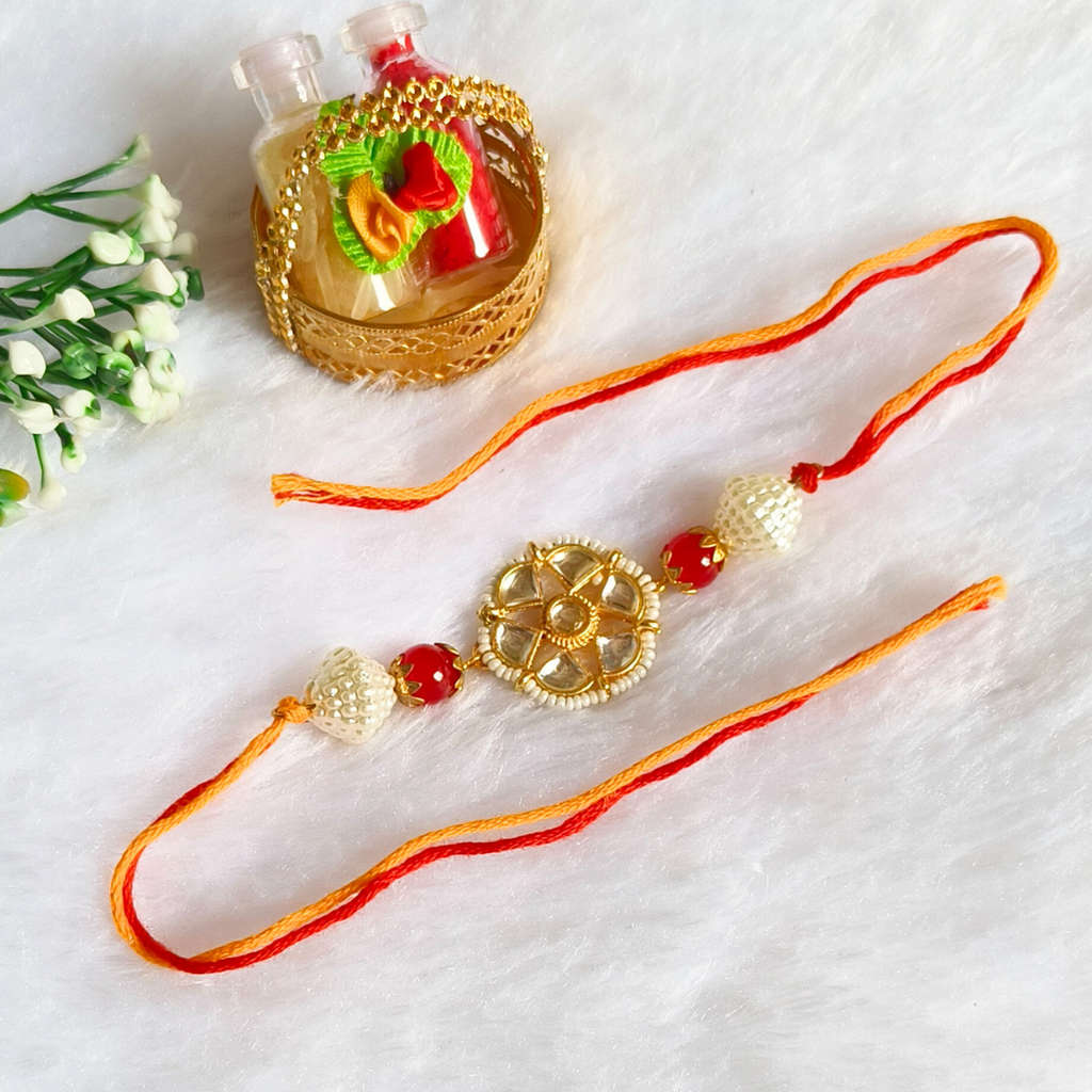 Kundan With White And Red Beads Pearls Rakhi