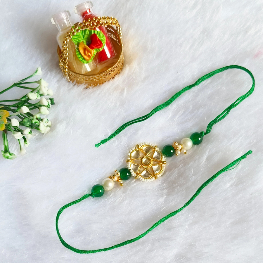 Green Combination With White Pearl Kundan Rakhi