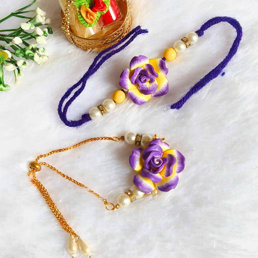 Purple & Yellow Shed Rose With Beads Couple Bhai Bhabhi Rakhi