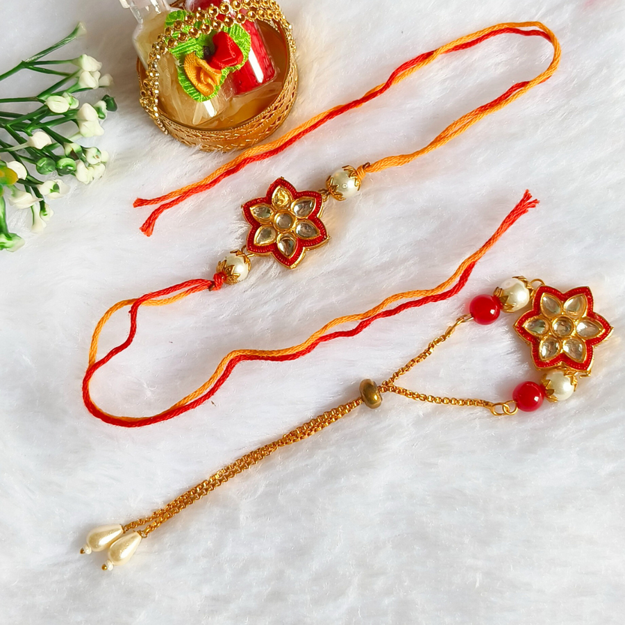 Red Kundan Beads Couple Bhai Bhabhi Rakhi