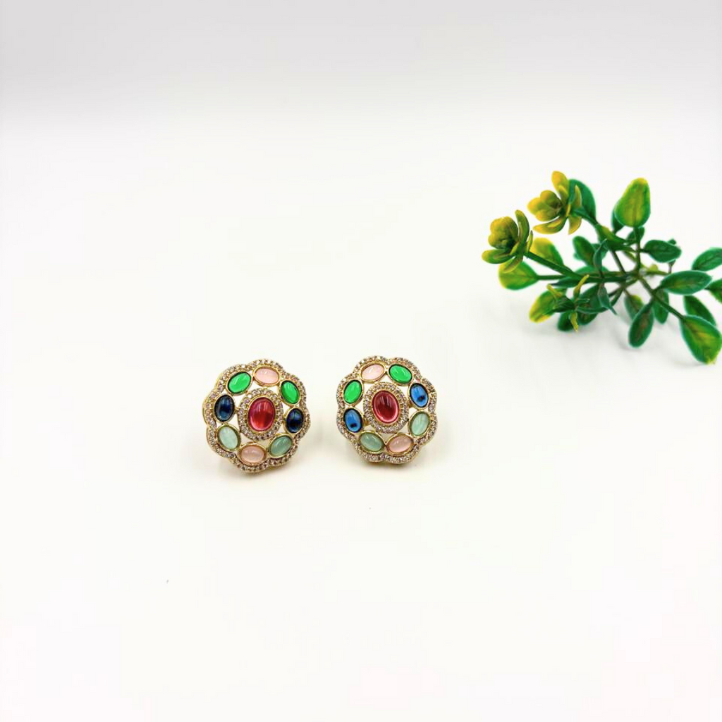 Beautifull Navratna with American Diamonds Stud Earring For Royal Look