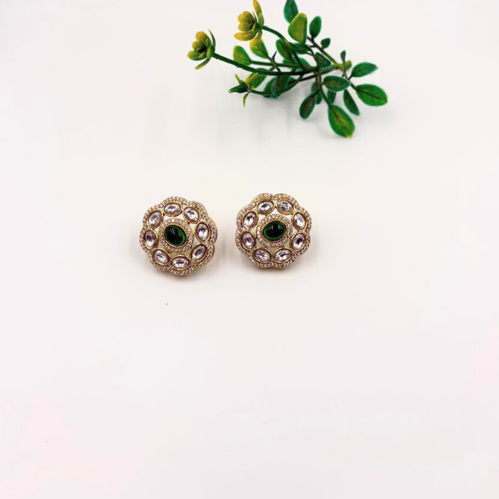 Beautifull Emereld Color Stone  American Diamonds Stud Earring For Royal Look