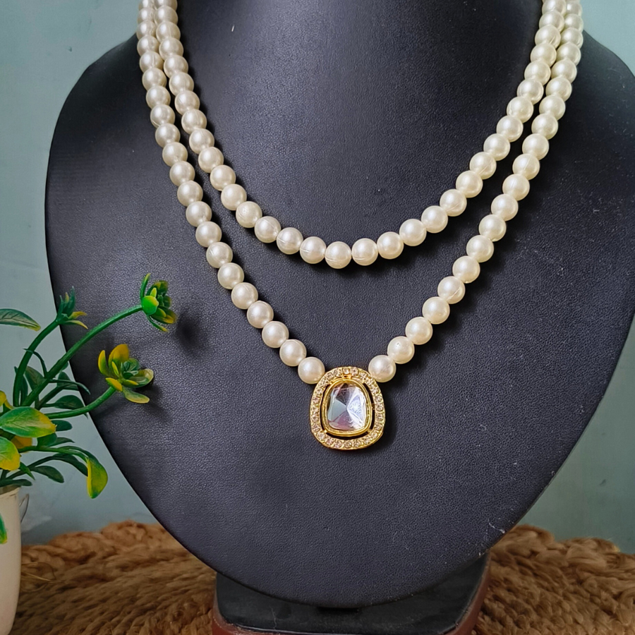 Elegant Double Layer Pearl Beads With Kundan Pendant Necklace – Timeless Charm & Grace