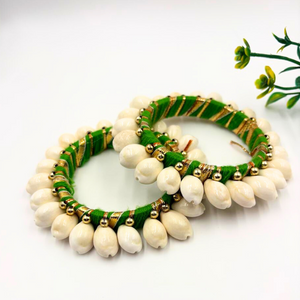 Green Thread With Gotta Patti Lase Work Cowrie Shell Bangles 2*6 size