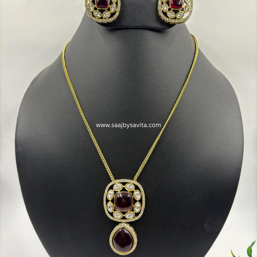 Semi Precious Stone Pendant Set Maroon Color Stone