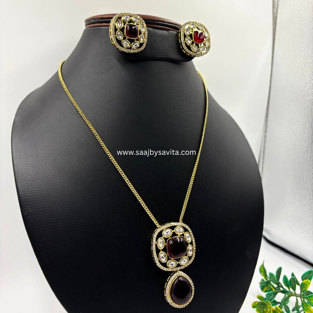 Semi Precious Stone Pendant Set Maroon Color Stone