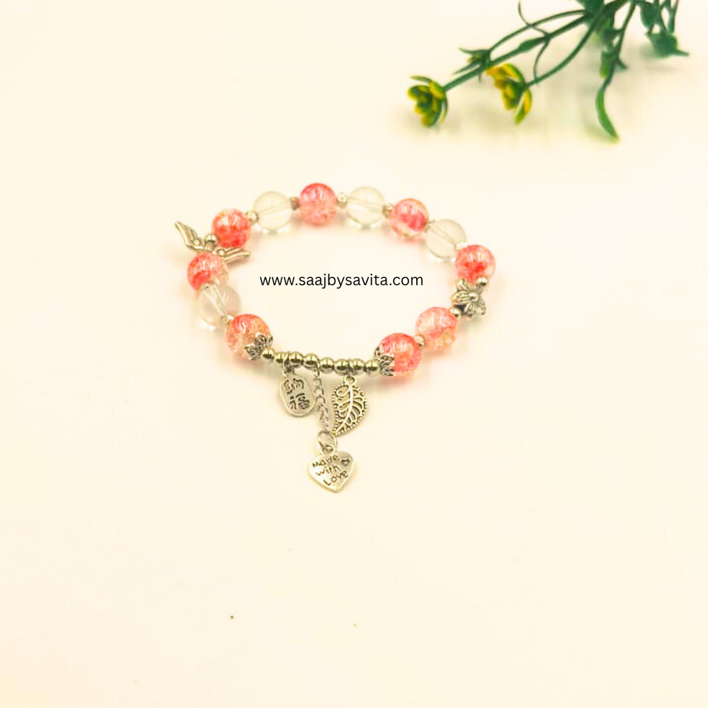 Cute Orange Shed Marble Beads With Silver Charms Bracelet