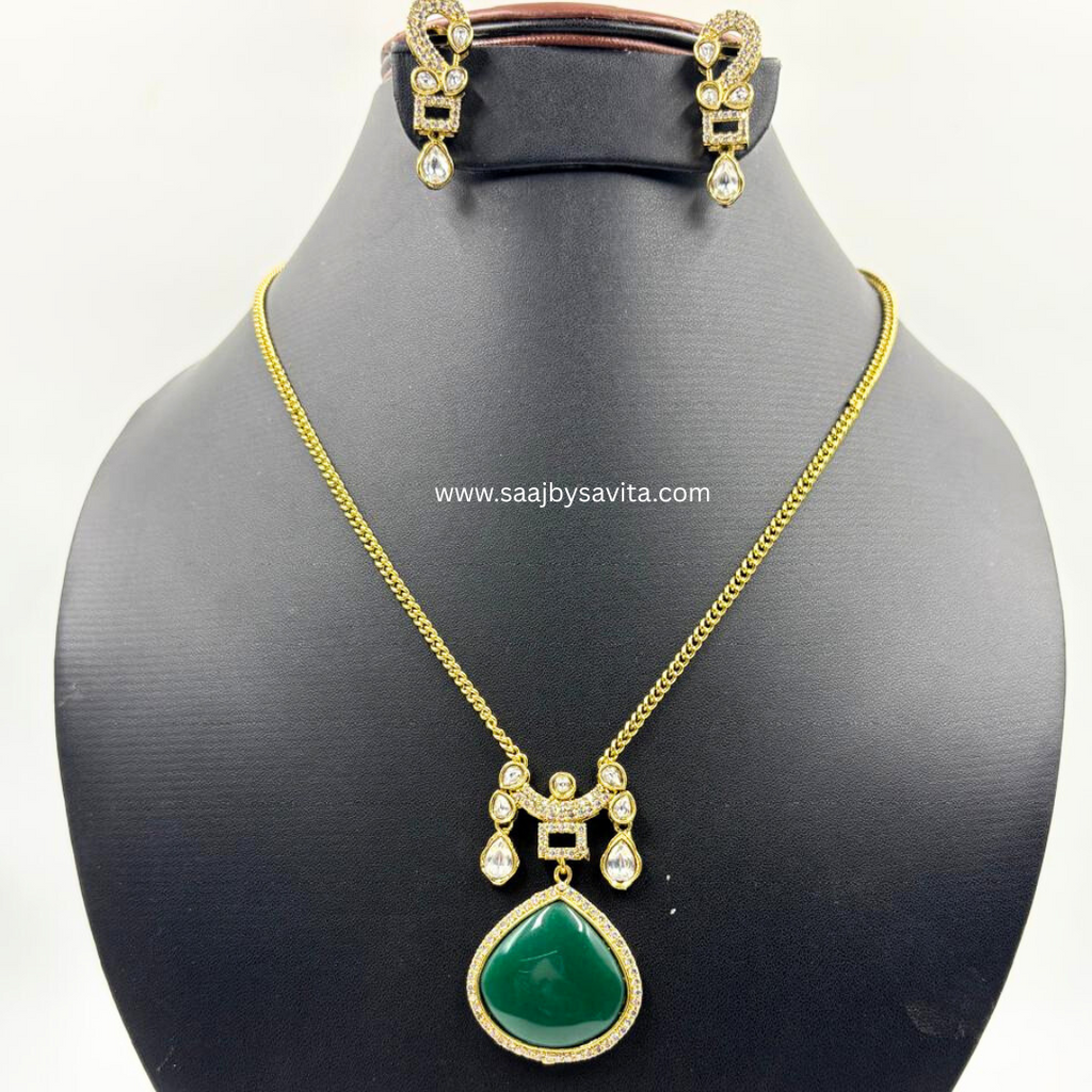 Green Emerald Color Stone Semi precious Pendant Set Party Wear Look