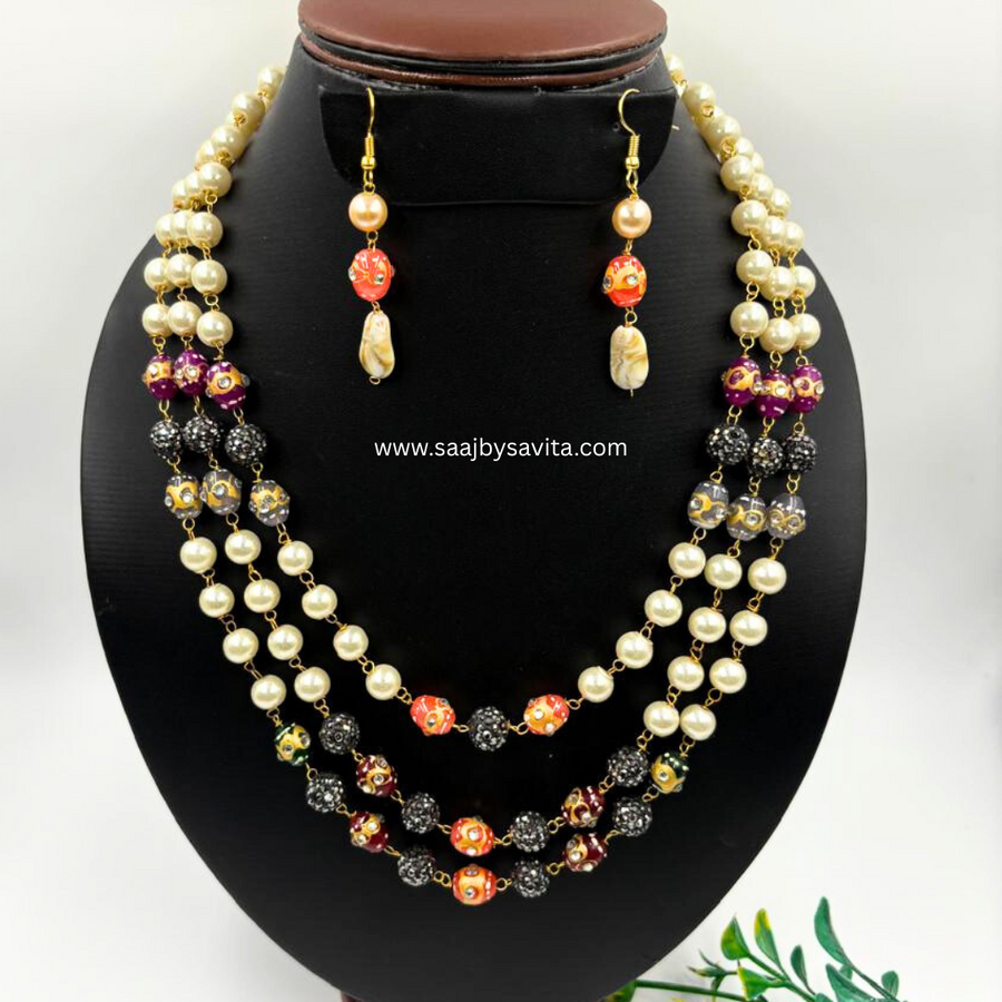 Good Quality Jaipuri Beads Multi Layer & Color With Earring Necklace Piece Rich Look