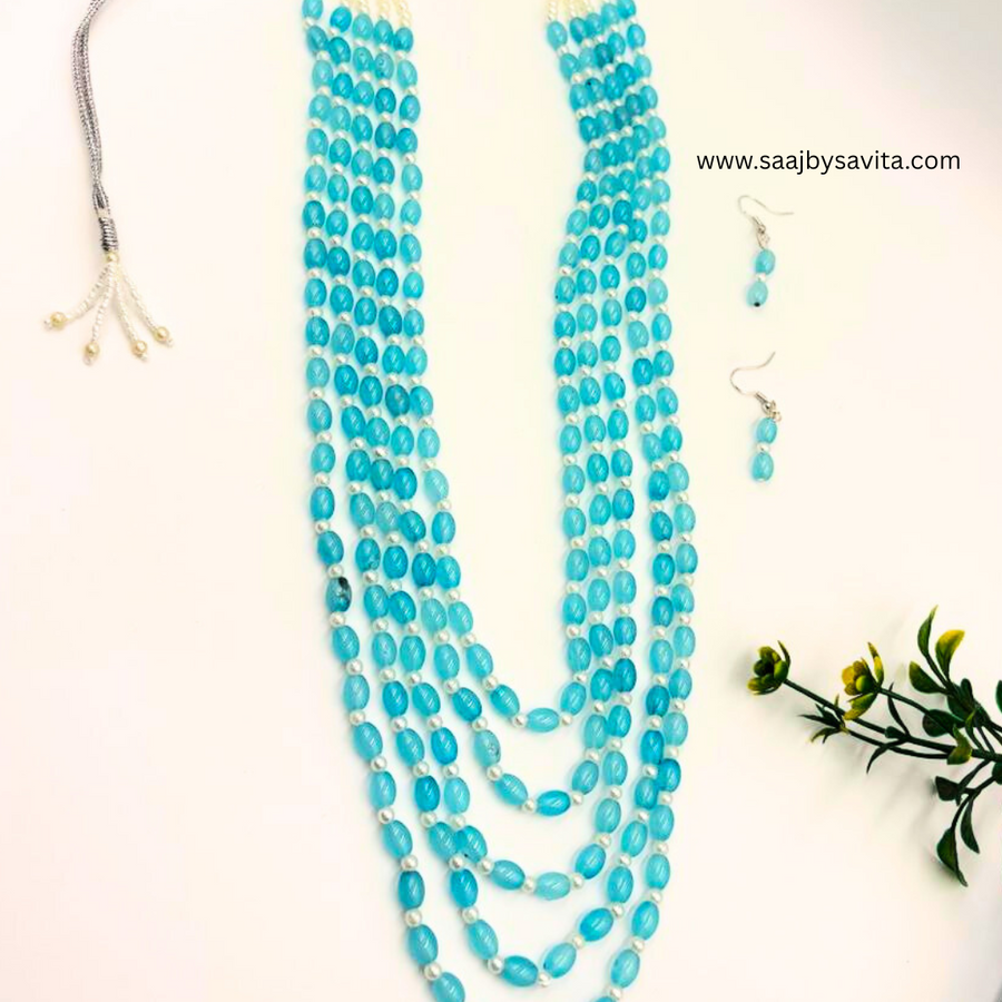 Beautiful Heavy 5 Layers Beads Necklace  Sky Blue Color