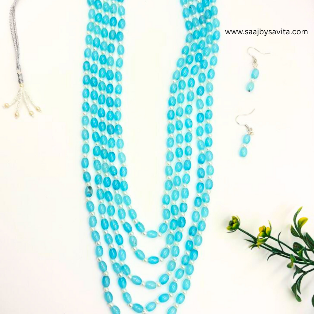 Beautiful Heavy 5 Layers Beads Necklace  Sky Blue Color