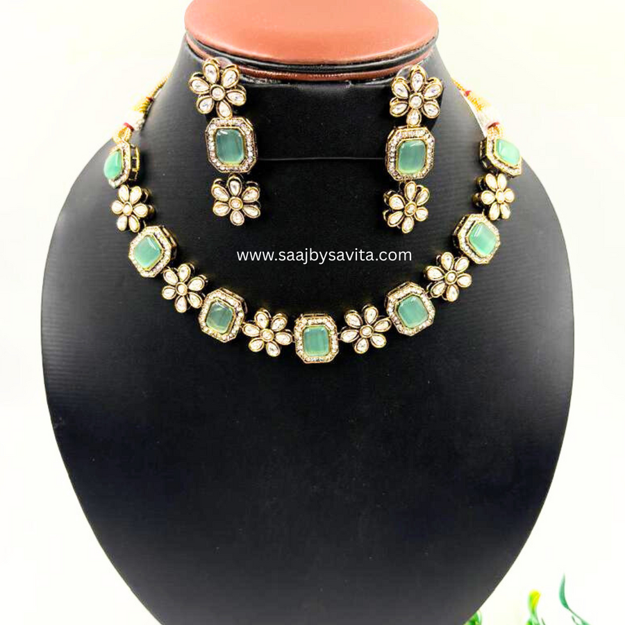 American Diamond Pestal Green Choker Necklace Set